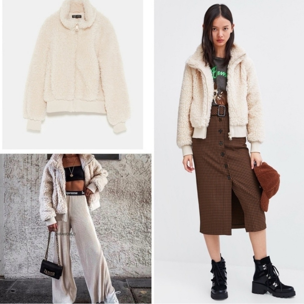 ZARA Sherpa Fleece Cropped Bomber Jacket XS Teddy Zipper boho Cream Winter‎